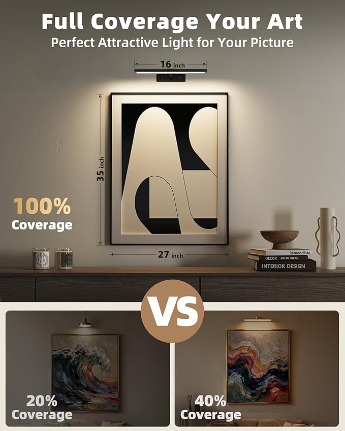 EZVALO Picture Light for Wall, 16'' Black Rechargeable 4800mAh Battery Lights Wireless Remote, Dimmable Magnetic LED Art Painting Light with 3 Color Temperatures, Display for Gallery, Living Room(2P)