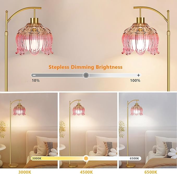 Pink Floor Lamp for Living Room,Bedroom,Gold Dimmable Standing Lamp with Remote,Mid Century Modern Brass Tall Lamp Boho Floor Lamps Arc Stained Glass Flower Floor Light Lamp Girls kids Bohemian