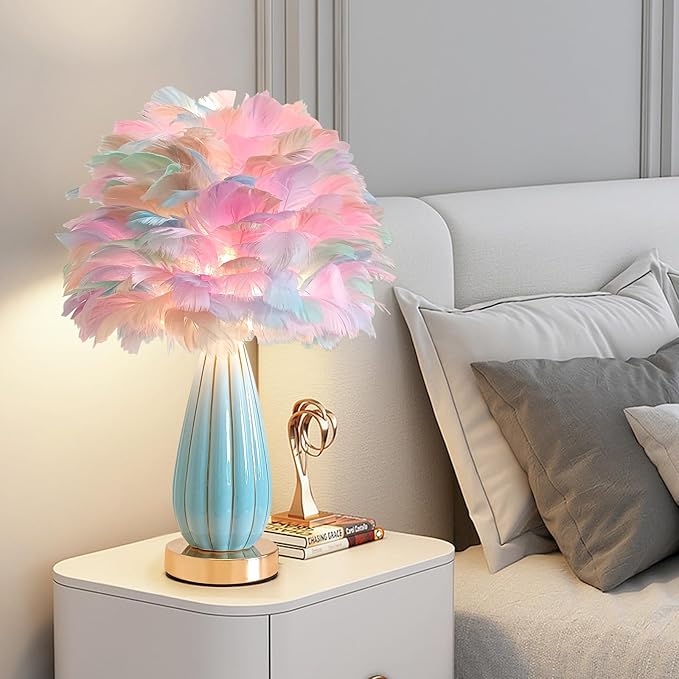 Colorful Feather Lamp Modern Feather Table Lamp Romantic Rainbow Bedside Lamp Nordic Fluffy Princess Nightstand Light for Girl Bedroom Living Room Entry Office Wedding Atmosphere