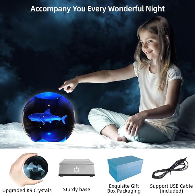 3D Shark Crystal Ball Night Light 3.15 inch Glass Ball Table Lamp with Color Changing Touch Base Decor Ideal Sharks Gifts for Friends Kids Christmas Birthday