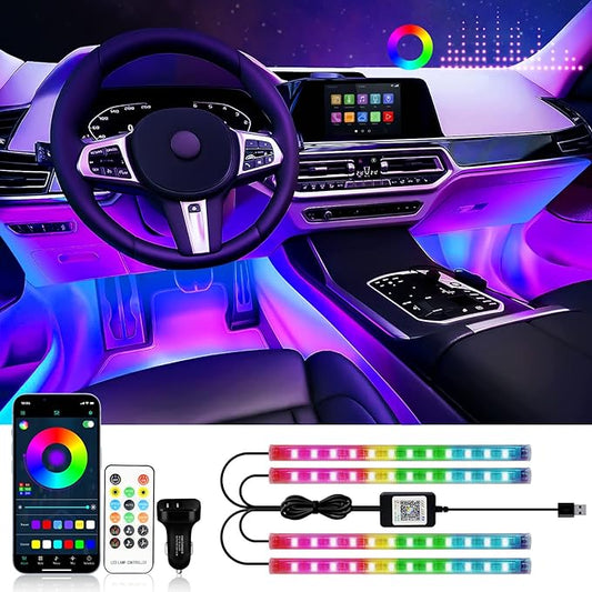 RGB Interior Car Strip Lights with Smart APP Control, Music Sync Under Dash Footwell Neon Internal Lighting Kit Multicolor,12V LED Strip Lights for Cars, Trucks, SUVs with Car Charger(1 Set)
