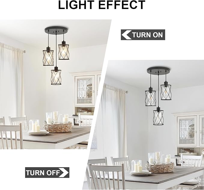 Refice 3-Light Pendant Lights Kitchen Island, Black Kitchen Cluster Hanging Pendant Lights with Clear Glass, Modern Cage Chandelier Light Fixture for Sink Dining Room Bedroom Bar