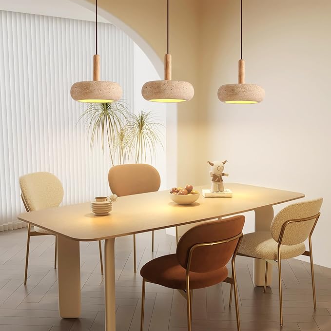 Wabi Sabi Pendant Light Natural Stone Shade, 7" Kitchen Island Hanging Lighting Fixture, Yellow Travertine Pendant Lights, 18W Coastal Wabi Sabi Marble Wood Chandelier for Dining Room Bedside Hallway