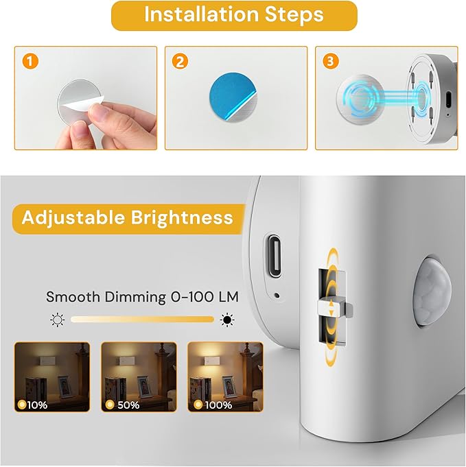 L LOHAS LED Motion Sensor Night Light, Rechargeable Stair Lights Indoor, Portable Warm White Motion Sensor Light Indoor, Battery Operated Night Light for Bedrooms, Hallway, Stairway & Bathrooms