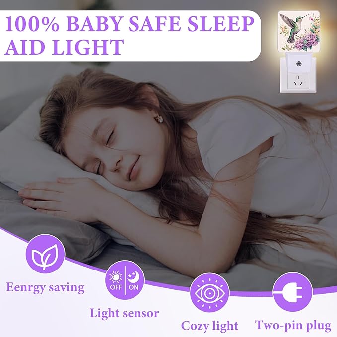 Groovy Hummingbirds Night Light,Flowers Plug-in Night Lights with Dusk-to-Dawn Sensor for Bedroom,Bathroom and Living Room Sleep Friendly lamp 0.5w