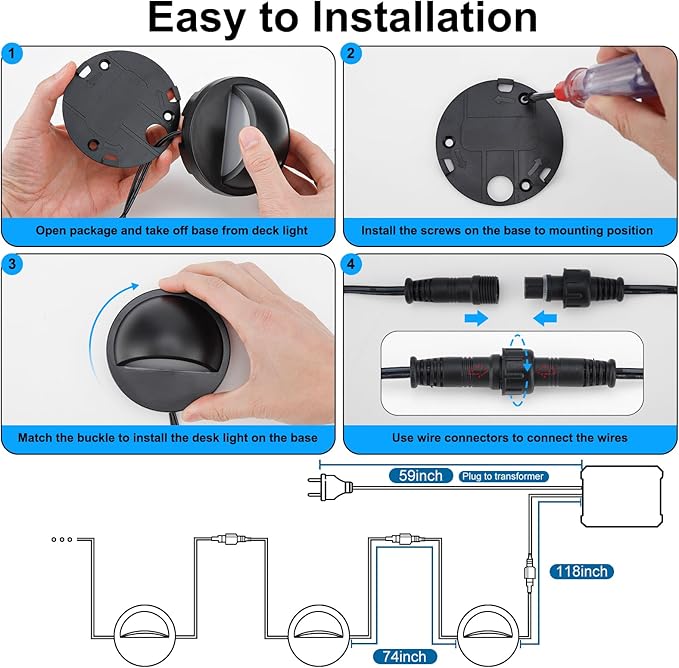 Low Voltage LED Deck Lights kit with Transformer Timer and Photocell Sensor, IP67 Waterproof Fence Lights, Warm White Deck Lighting for Outdoor Walkway Stair post Railing, UL-Listed Cord 8Pack