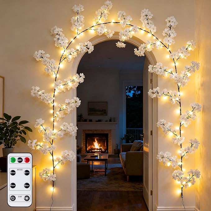 GOESWELL Cherry Blossom Tree Lights for Wall: 7.9FT Lighted Garland for Room and Home Decor - Plug or Battery Operated Artificial Flower Vines for Mantle Fireplace Wedding Party Indoor Outdoor