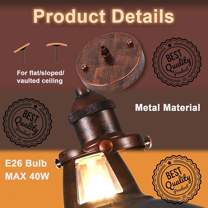 TAKEGO 12.2" Industrial Pendant Light, Farmhouse Pendant Light Kitchen Island, Vintage Hanging Light Rustic Light Fixtures, Hanging Ceiling Lamp for Kitchen Island, Hallway, Dining Room