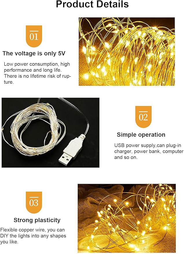 Sokelinn-six 2m 20 LEDs Fairy String Lights, USB Powered String Light for Desk Office Christmas Tree Party Decoration (Warm, 12)
