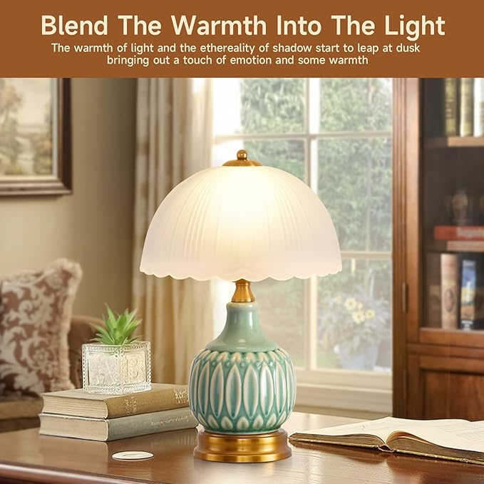 Table Lamps Ceramic Retro Lamp for Living Room,16" Modern Bedside Nightstand Traditional Lamps, Classic Chinoiserie Green Glass Lamp for Home (Retro)