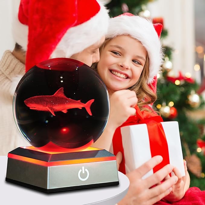 3D Shark Crystal Ball Night Light 3.15 inch Glass Ball Table Lamp with Color Changing Touch Base Decor Ideal Sharks Gifts for Friends Kids Christmas Birthday