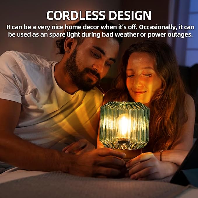 Battery Operated Lamp with Timer, Cordless Lamps for Areas No Outlets, Decorative LED Small Lamp with Original Vintage Lantern Design, Glass Mood Light for Entryway, Bedroom,Bathroom (Green)