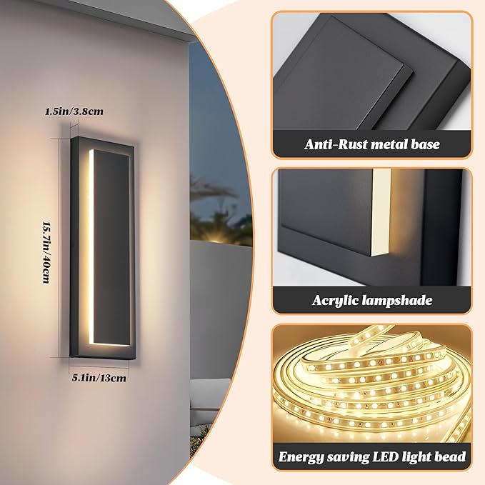 15.7 in Outdoor Wall Sconce Light,Modern Exterior Lights Fixture,Outdoor Porch Lights for House,Patio,Outdoor Wall Lighting,3000K Warm White, 12 W 2 Packs