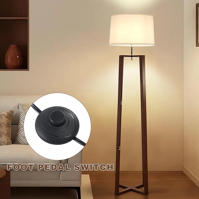 66" Bamboo Corner Floor Lamp with Linen Shade, Boho Rustic Standing Lamp for Living Room Bedroom Office, Modern Natural Tall Floor Lamp with E26 Base