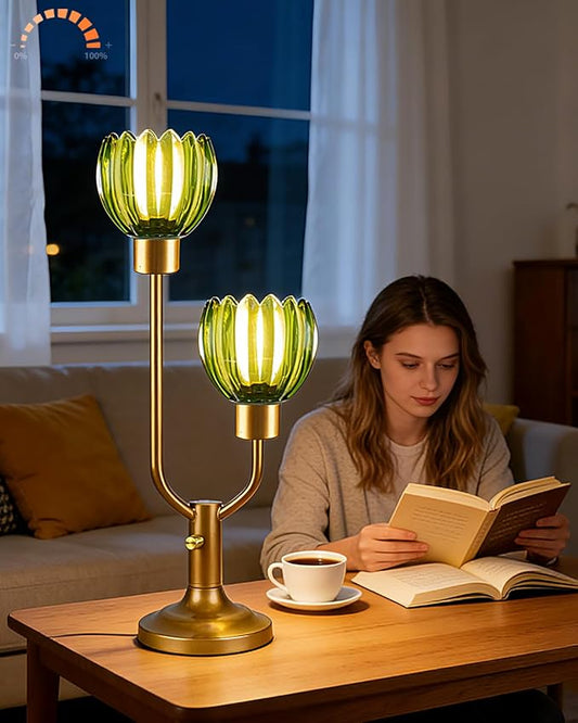 Lightdot Mid Century Modern Glass Table Lamp Gold Dimmable U-Shaped Desk Lamps with Green Glass Shade& 2Pcs 3000K Warmwhite Bulbs Included Bedside Nightstand Lamp for Living Room Bedroom