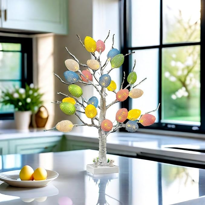 Easter Decorations,Pre-Lit Artificial Easter Egg Tree with LED Lights,2FT Lighted Birch Tree,Light up Tree Lamp for Spring Holiday Tabletop Decor