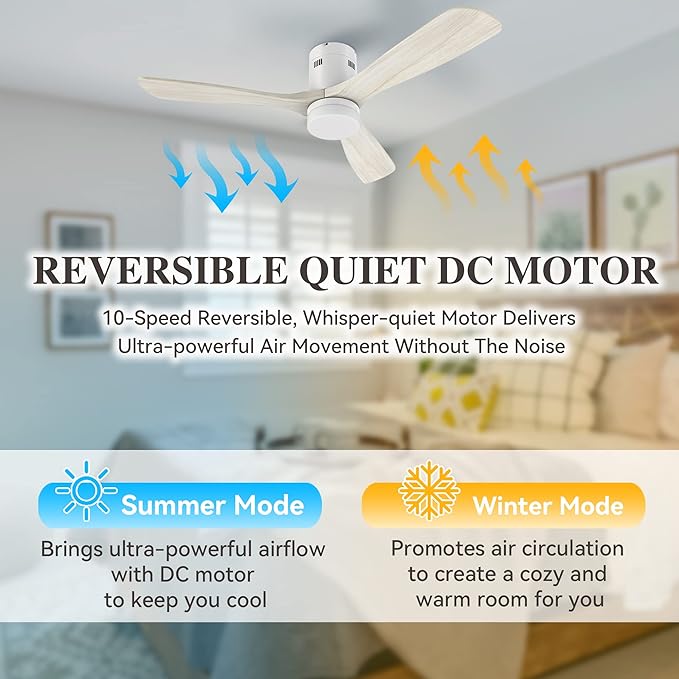 SMAAIR 52 Inch Flush Mount Smart Ceiling Fan with Dimmable Led Light, 3 Carved Wood Blades Modern Low Profile Ceiling Fans Compatible with Alexa,Remote Control,Timer & Schedule Function,White