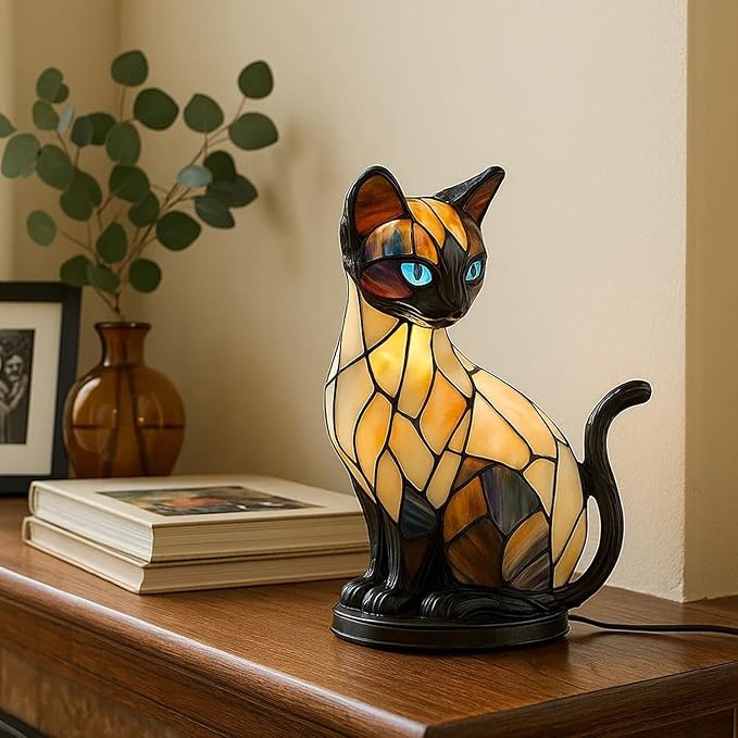 Cat Lamp, Stained Glass Cat Lamp, Decorative Resin LED Night Light for Cat Lovers, USB Vintage 3D Table Lamp Cozy Glow for Desk & Mantel – Fun Gift for Pet Owners (Siamese Cat A)