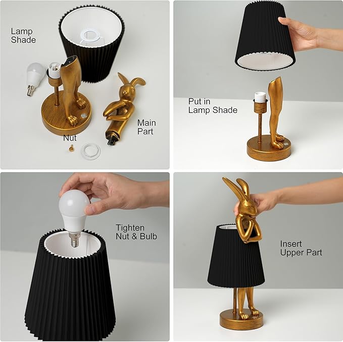 Bunny Rabbit Cordless Table Lamp – 5000mAh Rechargeable Battery Powered LED Night Light Cute Vintage Animal Desk Bedside Lamp with Linen Shade for Kids Room Nursery Home Decor Gift (Black)