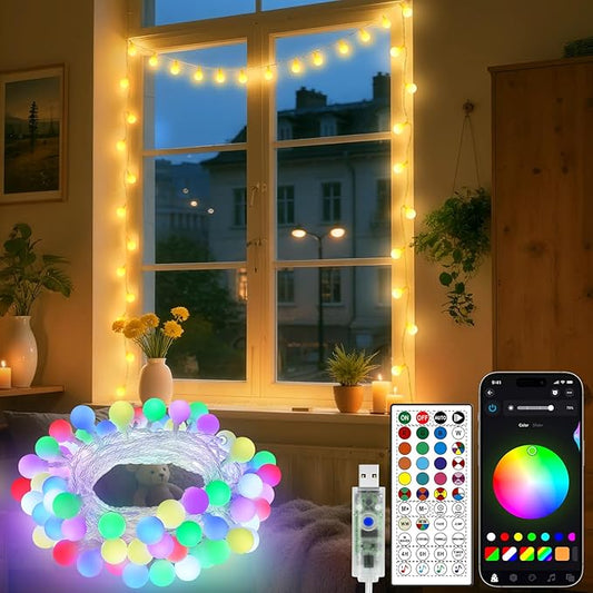 OMIKA 33FT 60 LED Color Changing Globe String Lights, Warm White & Multicolor USB Powered Smart Fairy Lights, APP & Remote Control, Music Sync, 100+ Dynamic Mode for Dorm, Classroom, Room Decor