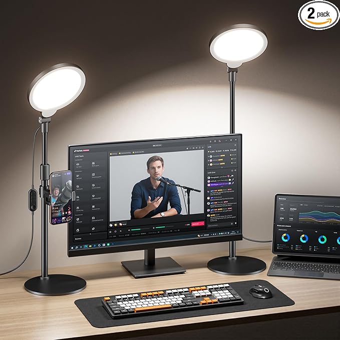 2 Packs Desk Ring Light with Stand, Adjustable Desktop Light with Phone Holder for Video Calls, Zoom Lighting for Computer/Laptop/Conference/Webcam, Video Light for Recording, Podcast,Photography