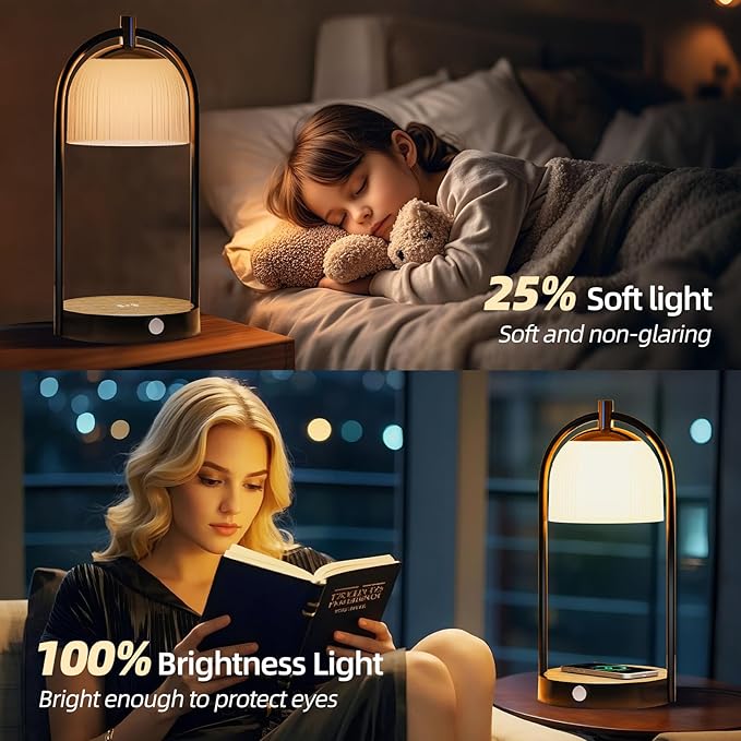 Koopala 15W Wireless Charging Bedside LED Table Lamps Set of 2, Modern Small Nightstand Lights with Type-C&USB-Port, Dimmable Night Desk Lamp for Reading Bedroom Dinner Living Room Home Office-Black