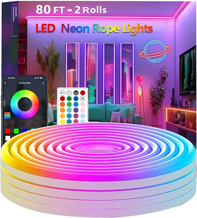 80FT Neon Rope Lights,Flexible Led Rope Light Control with App/Remote,Multiple Modes,Music Sync,IP65 Outdoor RGB Led Strip Lights Waterproof