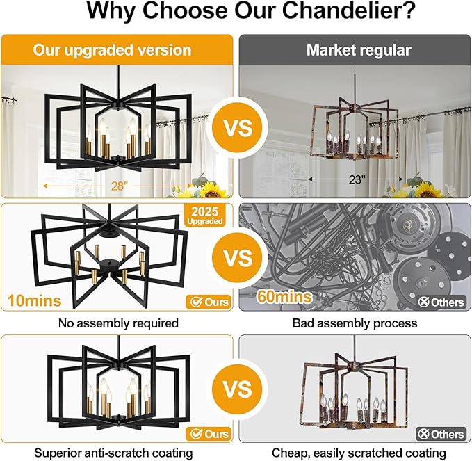 28" Modern Black and Gold No Assembly Required Chandelier for Dining Room, Black and Gold Dining Room Light Fixture Over Table, Industrial Metal Hanging Pendant Light for Kitchen Island, Entryway