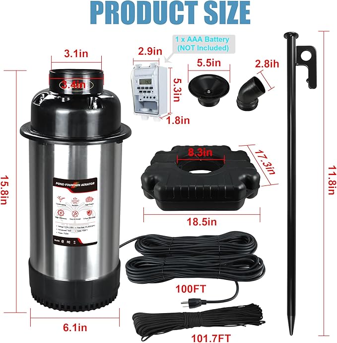 Goldlife Pond Fountain Aerator, F3 1HP 750W 110V Stainless Steel Floating Fountain With 100 FT Power Cord, Octagon Aerating Fountain Pump for Small Large Ponds Lake Pool Bay Fish farm (No Light)