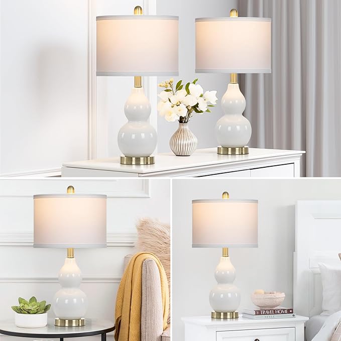 Double Gourd Ceramic Table Lamps Set of 2, Modern White Bedside Lamps for Night Stand, Contemporary Nightstand Lamps for Bedroom Living Room (Bulb Included)