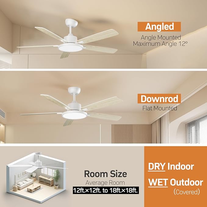 TALOYA 52 Inch White Ceiling Fans with Lights Led Back Light Remote Control Flush Mount Low Profile for Bedroom Living Room Outdoor Patio,Reversible,DC Motor,3 Color Temperatures,5 Blades