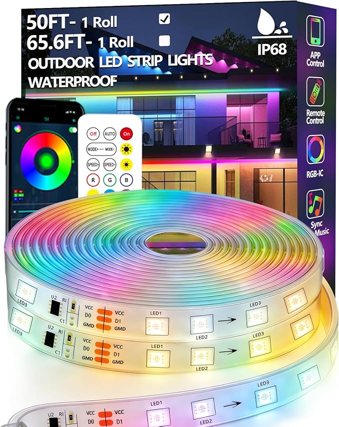 50FT Outdoor LED Strip Light Waterproof,IP68 Outside RGB+IC Light Strip with App/Remote Control,Chase Mode,Music Sync Light for Balcony,Deck,Rooftop,Garden,Pool