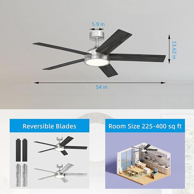 54 Inch Ceiling Fan with Light and Remote, Dimmable Modern Farmhouse Ceiling Fan for Living Room, Dining Room, 3 Speed, Reversible Motor, Brushed Nickel
