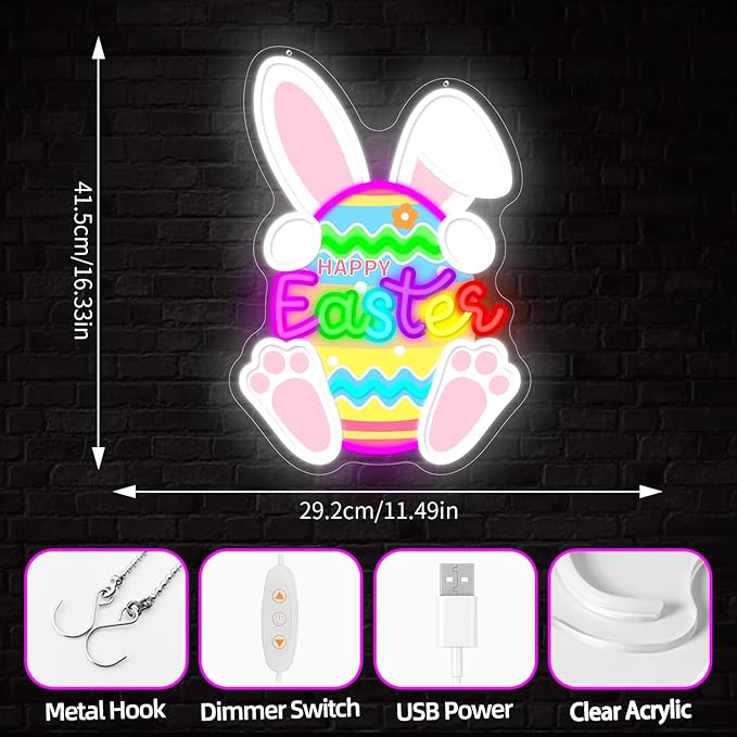 Easter Neon Sign Easter Bunny Egg Led Sign Dimmable Happy Easter Window Lights Printed Cute Bunny Light Up Signs Easters Gifts for Kids Teens Girls