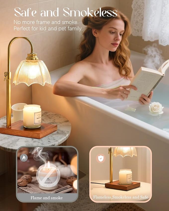 Adjustable Candle Warmer Lamp Dimmable with Timer Vintage Glass Design, Aesthetic Candle Warmer for Large Candles Gifts for Women, Mom,Friend Sister Home/Office Decor (Amber)