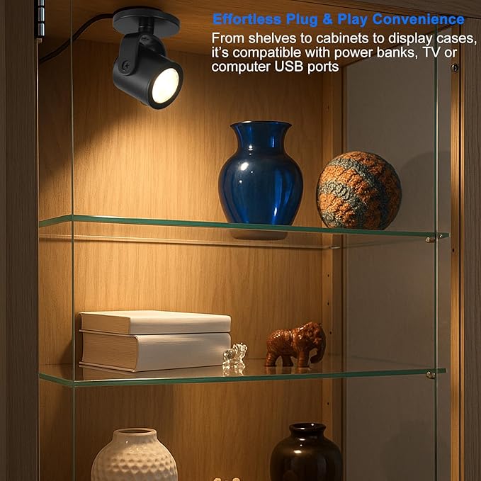 LED Spotlight Indoor 2W USB Powered 360 Degree Rotating Mini Display Accent Light for Pictures Paintings Plants Shelves Cabinet Showcase, 1 Pack Warm White 3000K