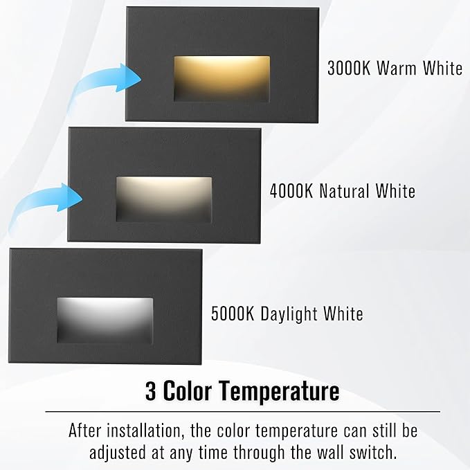 LED Step Lights Outdoor Stair Light Indoor,12V Low Voltage 3CCT Color Changing 3000K/4000K/5000K 4W 150LM, IP66 Waterproof, Horizontal Lights for Steps Black, 6-Pack