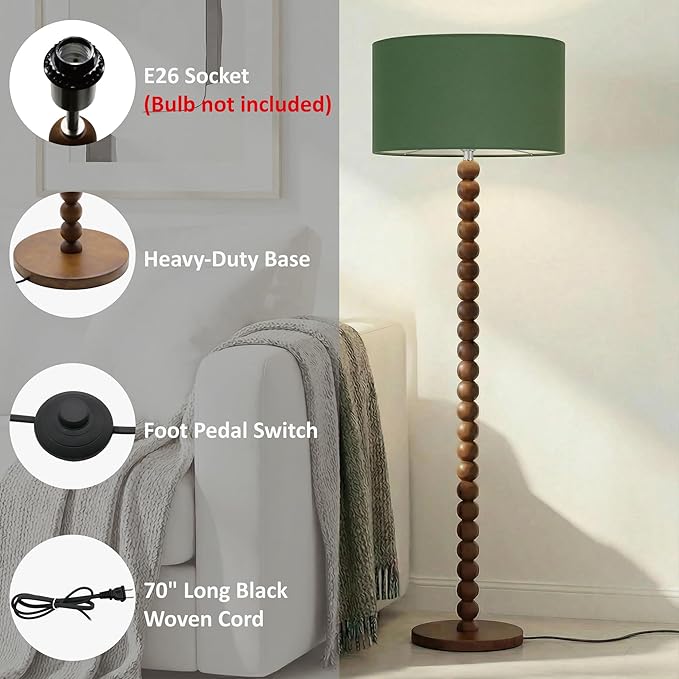 Buruis 61" Beaded Wood Floor Lamp with 17.2" Large Linen Shade, UL Listed, Retro Mid-Century Accent Walnut Finish Standing Lamp for Living Room, Bedroom, Office, Corner, Green