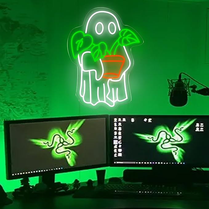 Ghost Holding Plant Neon Sign – LED Wall Light Featuring a Cute Spirit with Green Potted Plant, USB Powered Light for Bedroom, Plant Corner, or Halloween Decor 16.5″ × 12.2″