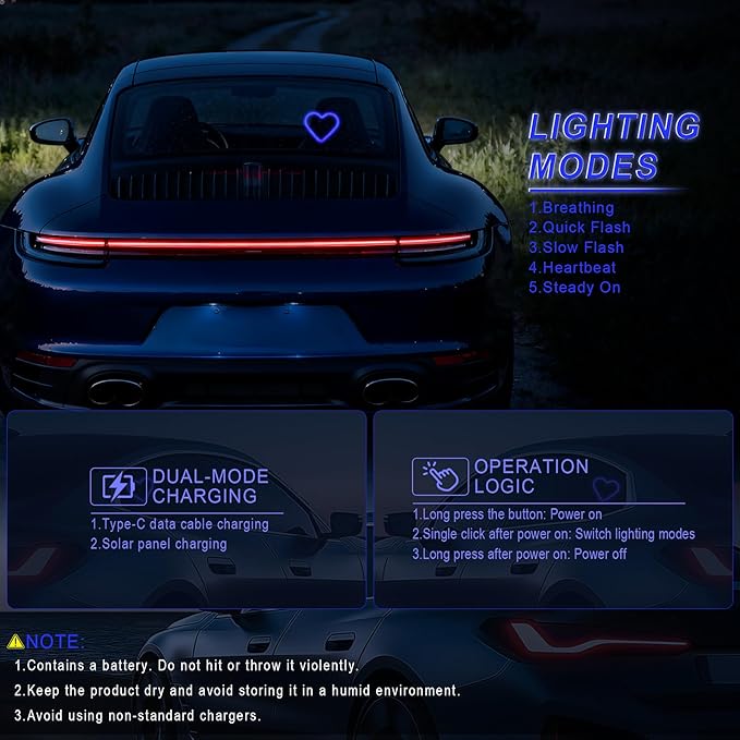 Car LED Interior Lights, Heart-Shaped Ambient Light for Windows, 5 Lighting Modes, Charging Through Type-c and Solar Energy, Car Decorations for Women Men, Pack of 1, (Blue)