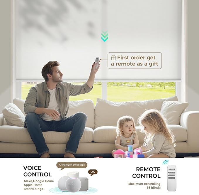 HeyBlinds Motorized Roller Shades, Smart Blinds for Windows, Remote Automatic Window Shades, Electric Shades, Light Filtering, Compatible with Alexa Google Apple Home (Simply-Soft White LF)