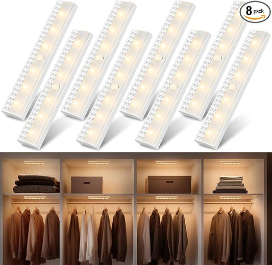 maylit 8 Pack Motion Sensor Light Indoor, Battery Operated Lights, Wireless Magnetic Night LED Bar, Stick on Lighting for Closet, Stair, Shelf, Hallway, Bed, Pantry, Under Cabinet, 3000K Warm White