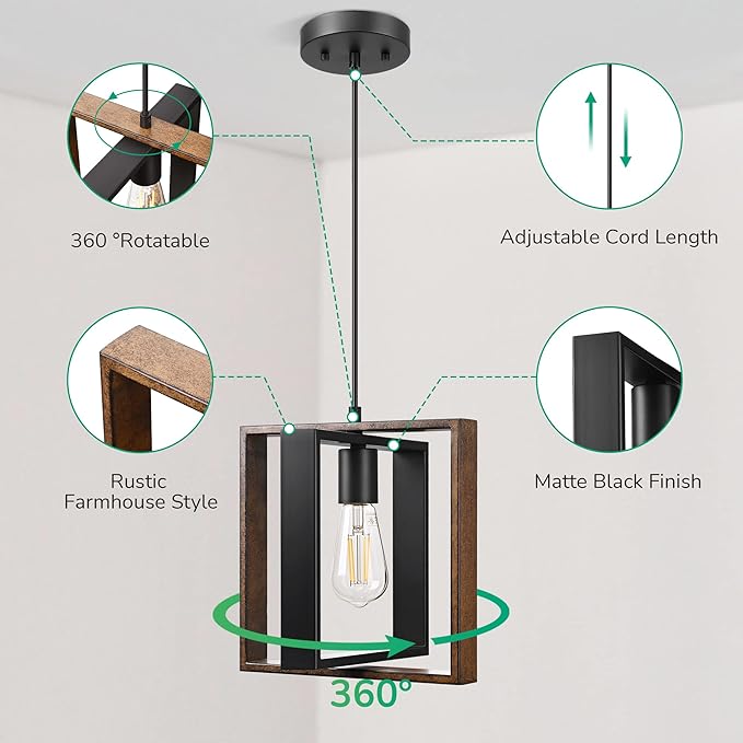 EDISHINE Farmhouse Pendant Light Fixture, Rustic Hanging Light Fixture with Wood Grain and Black Finish, Pendant Lighting for Kitchen Island, Dining Room, Hallway, Adjustable Cord