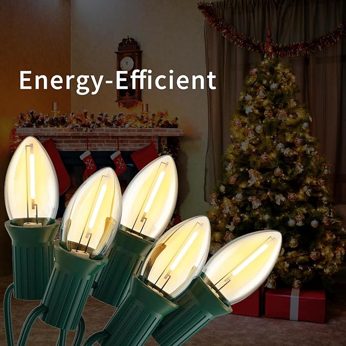 10FT C7 Christmas Lights, Warm White LED Indoor Outdoor String Lights for Halloween, Xmas Tree, Window, Door, Party Decor, Plug in with Green Wire