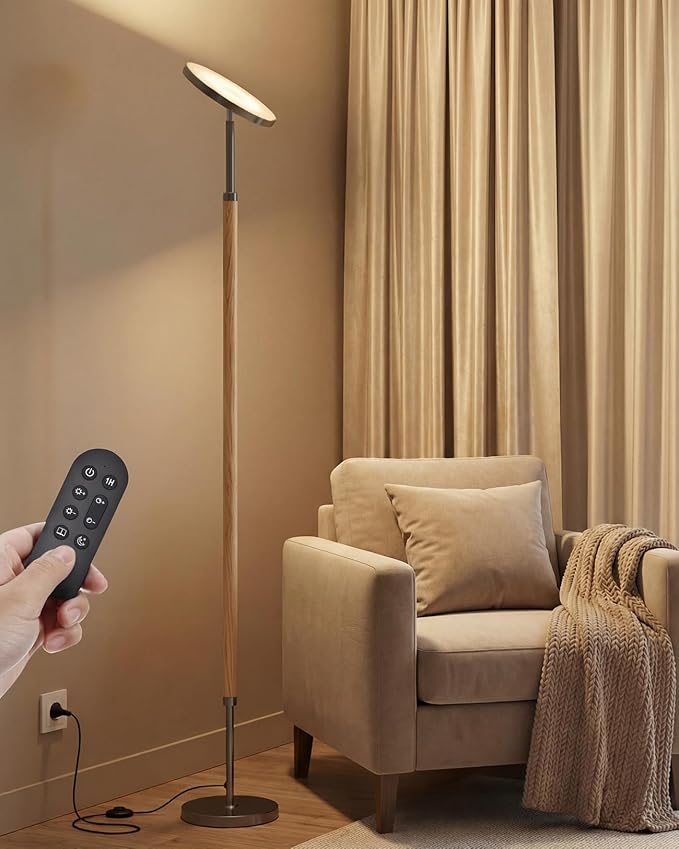 JOOFO Wood Torchiere Floor Lamp, Super Bright Stepless Dimmable LED Uplight Standing Lamp with Remote Adjustable Color Temperature 3000K–6500K with Timer for Living Room Bedroom Office Reading