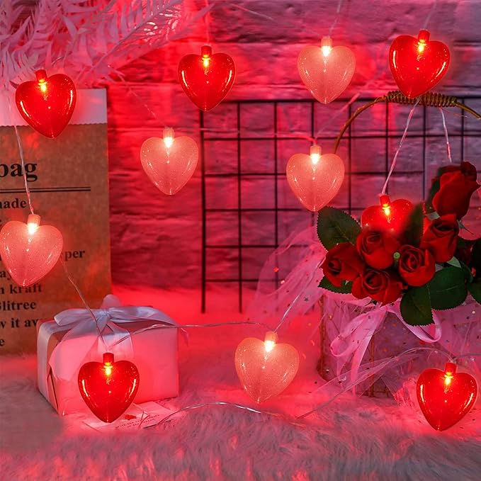 8.5Ft Valentine Red Pink Heart String Lights with 10 Red Pink 3D Heart Fairy Lights, Romantic Valentines Day Decorations Heart Lights for Mother's Day, Wedding,Anniversary Party Decoration