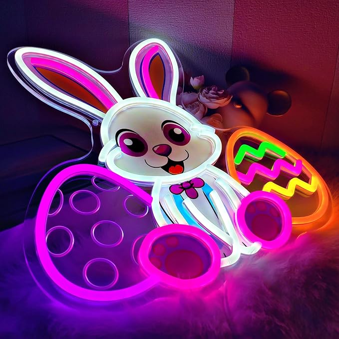 Easter Neon Sign, LED Light Up Bunny Eggs Decorations for Bedroom, Nursery Room, Classroom, Home, Acrylic Wall Mounted Lighted Cartoon Rabbit Decor, Easter Gifts for Boys and Girls, 14 x 13 Inches, USB Powered