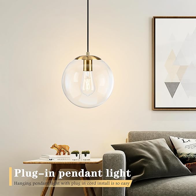 KoKo&Yukina 10" Globe Pendant Light Gold Plug in Pendant Light Adjustable Hanging Lights with Plug in Cord Brushed Gold Finished with Clear Glass Lampshade for Bedroom Kitchen Island（Bulb Included）