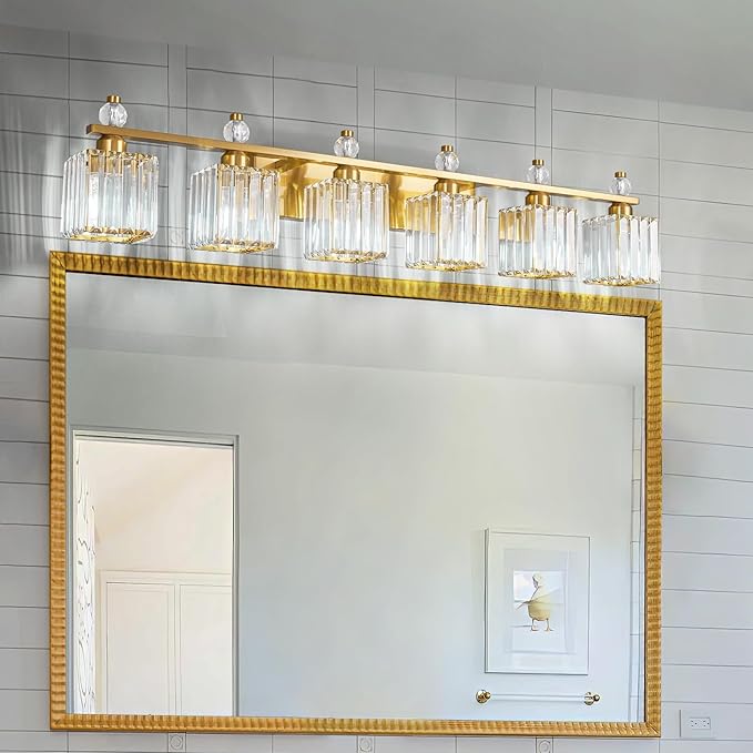 Vanity Lights 6-Light Modern Crystal Vanity Light Gold Bathroom Light Fixtures Over Mirror Crystal Bathroom Vanity Lighting Fixtures