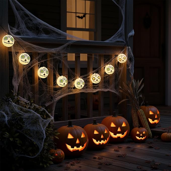 Halloween Jack Skellington Ghost Lights, 8.5FT Connectable String Lights with 10 LED Nylon Lanterns, Indoor Outdoor Halloween Decorations for Bedroom, Party, Fireplace, Yard
